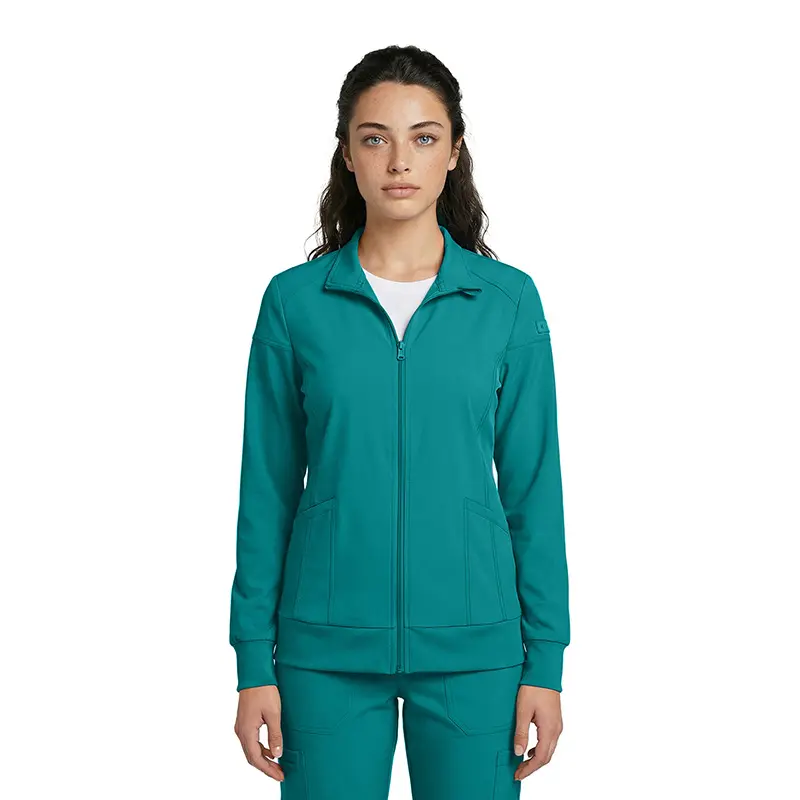 Wholesale women's teal zip-up jacket with collar and front pockets over white shirt