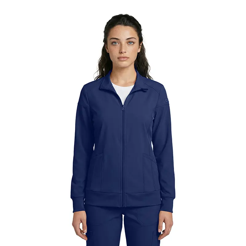 Wholesale women's navy blue full-zip track jacket with white undershirt