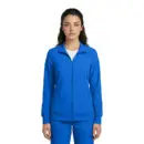 Wholesale women's blue zip-up jacket with ribbed cuffs and front pockets