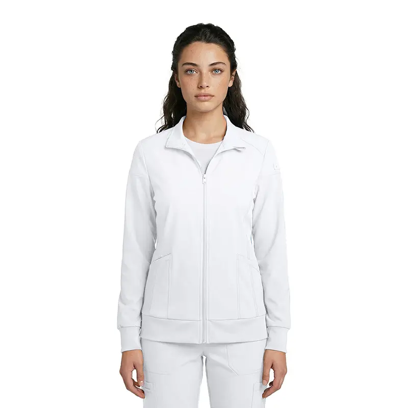 Wholesale women's white zip-up jacket with collar and side pockets
