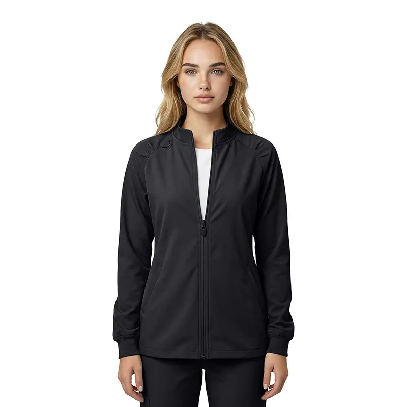 Wholesale women's black zip-up jacket with long sleeves and ribbed cuffs