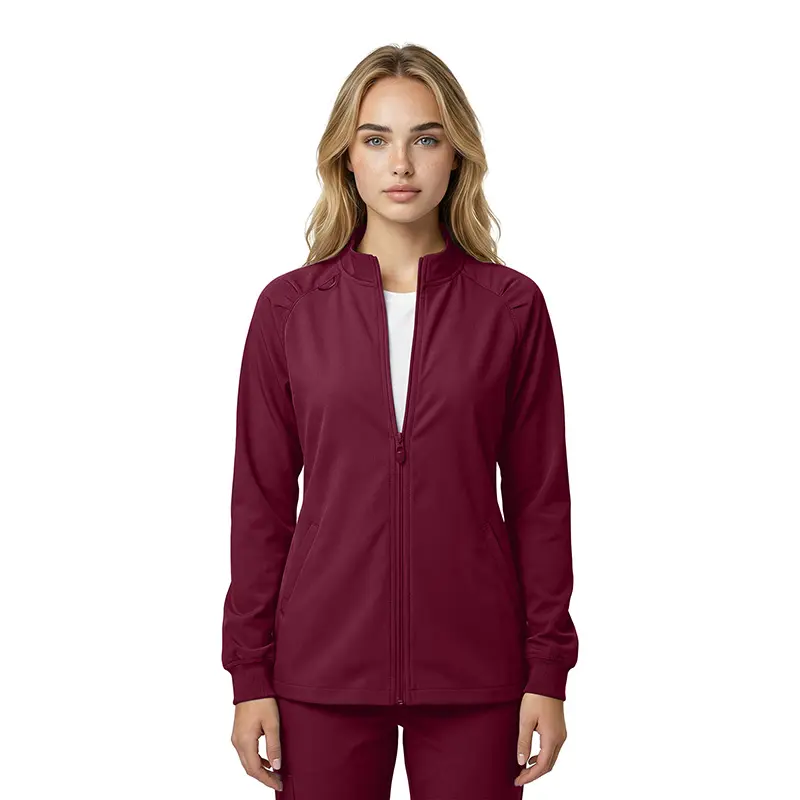 Wholesale women's burgundy zip-up jacket with long sleeves and ribbed cuffs