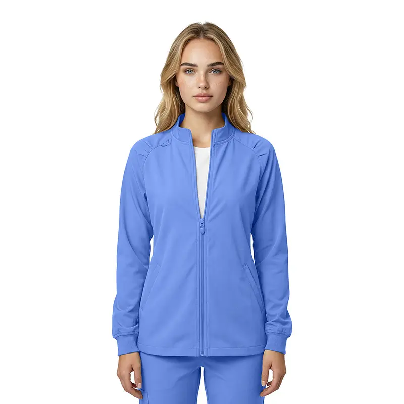 Wholesale women's periwinkle blue zip-up jacket with long sleeves and ribbed cuffs