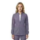 Wholesale women's purple zip-up jacket with long sleeves and ribbed cuffs over white shirt