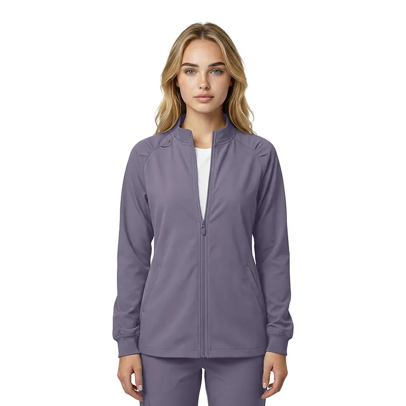 Wholesale women's purple zip-up jacket with long sleeves and ribbed cuffs over white shirt