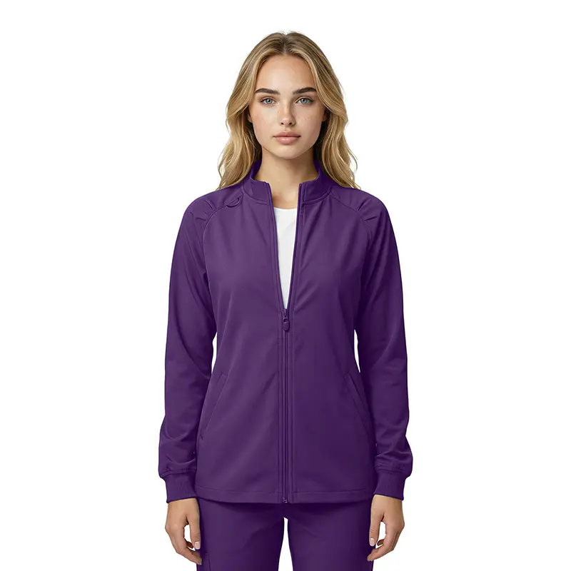 Wholesale women's purple zip-up jacket with long sleeves and ribbed cuffs