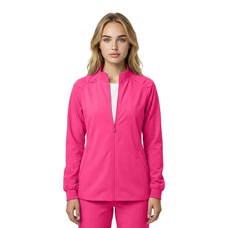 Wholesale women's hot pink zip-up jacket with long sleeves and ribbed cuffs