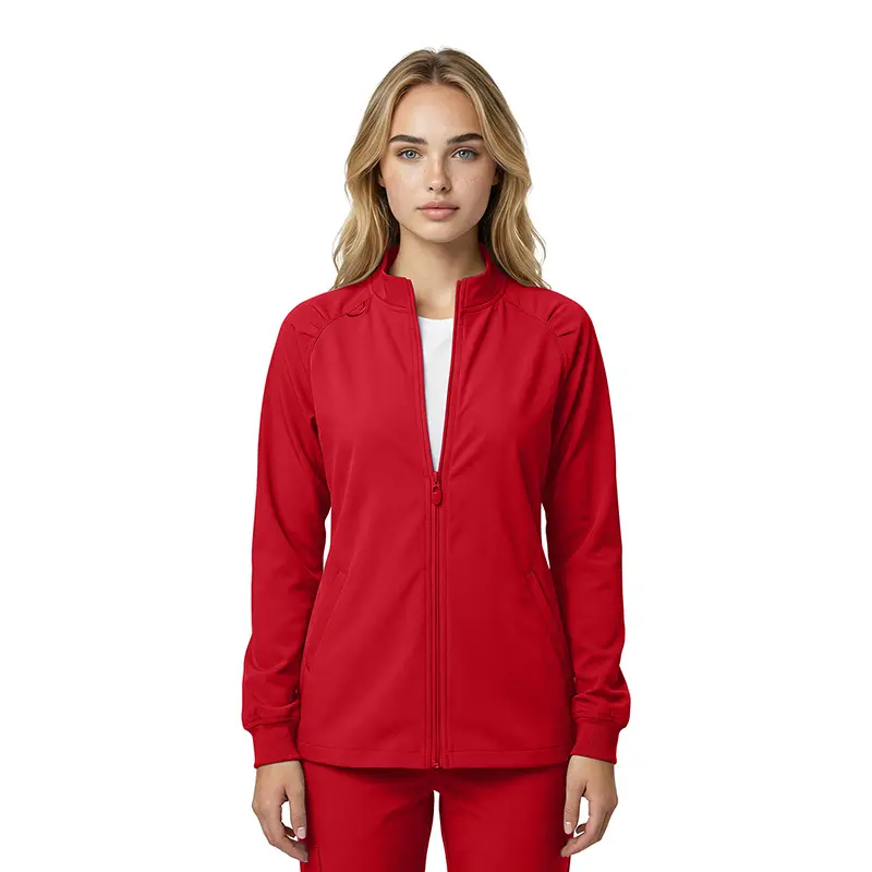 Wholesale women's red full-zip jacket with long sleeves and ribbed cuffs