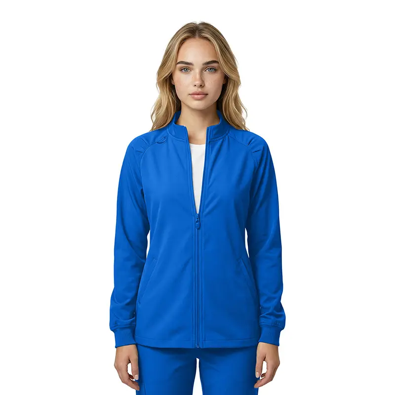 Wholesale women's royal blue zip-up jacket with long sleeves and ribbed cuffs