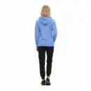 Wholesale women's blue hoodie with black jogger pants and black athletic shoes, rear view