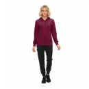Wholesale women's burgundy zip-up hoodie with black jogger pants and black sneakers