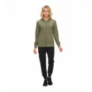 Wholesale women's olive zip-up hoodie with black jogger pants and black sneakers