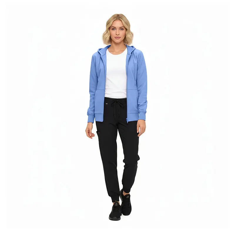 Wholesale women's blue zip-up hoodie, white t-shirt, and black jogger pants outfit