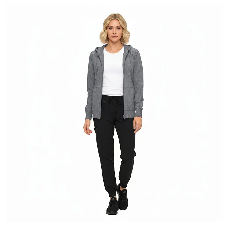 Wholesale women's gray zip-up hoodie, white t-shirt, and black jogger pants outfit