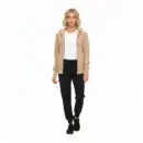 Wholesale women's beige zip-up hoodie, white t-shirt, and black jogger pants outfit