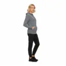 Wholesale women's gray zip-up hoodie with kangaroo pockets paired with black joggers and black sneakers