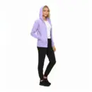 Wholesale women's lavender zip-up hoodie with white undershirt, black leggings and black sneakers