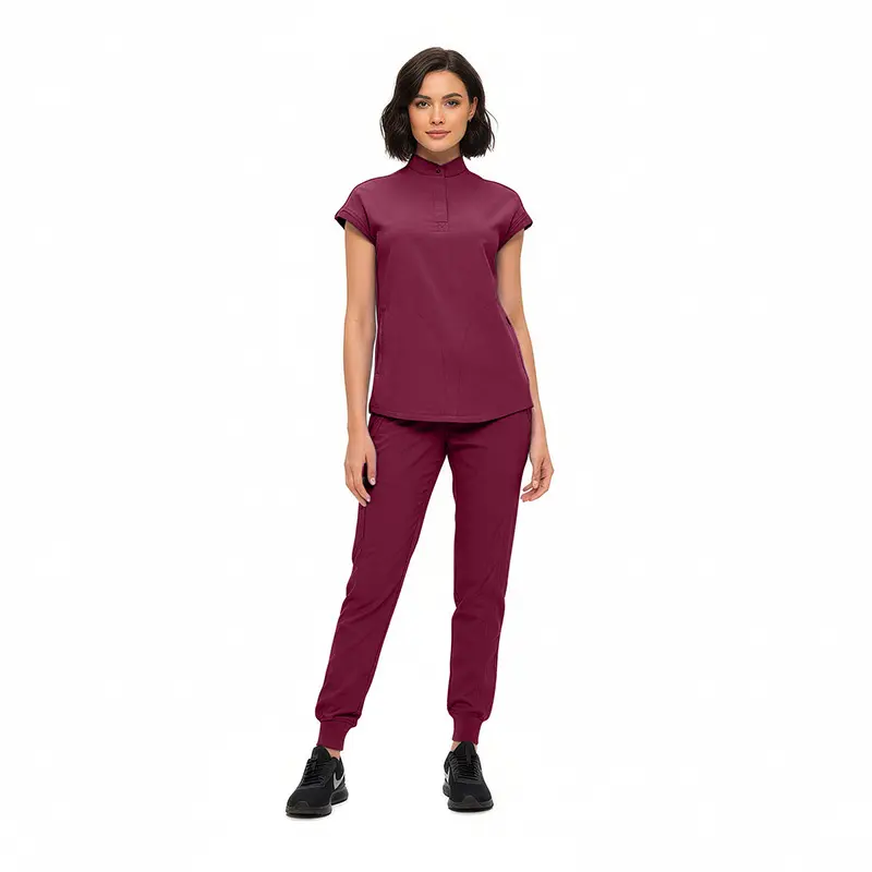Wholesale women's burgundy short-sleeve polo shirt and matching jogger pants set