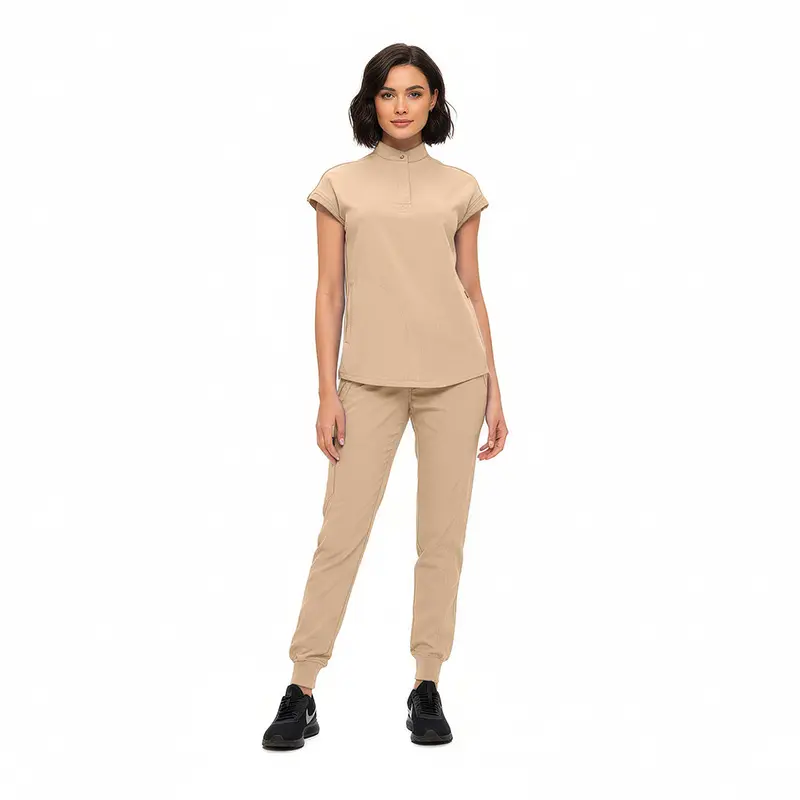 Wholesale women's beige short-sleeve polo shirt and jogger pants set