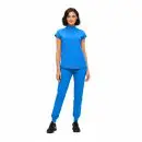 Wholesale women's blue short-sleeve zip-up athletic shirt and jogger pants set