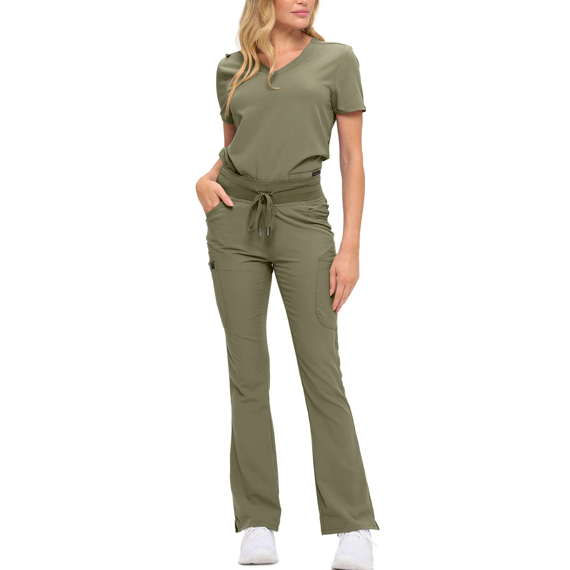 Wholesale women's olive green scrubs set with v-neck top and flare pants with drawstring waist
