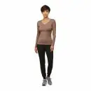 Wholesale women's taupe long-sleeve v-neck top with black jogger pants and gray sneakers