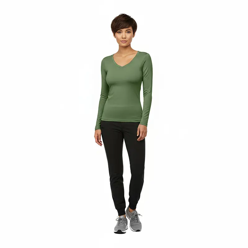 Wholesale women's long-sleeve v-neck green top with black jogger pants and gray sneakers