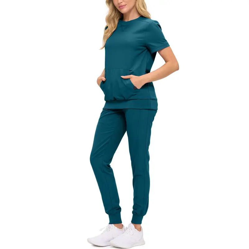 Wholesale women's teal short-sleeve top and jogger pants set with pockets