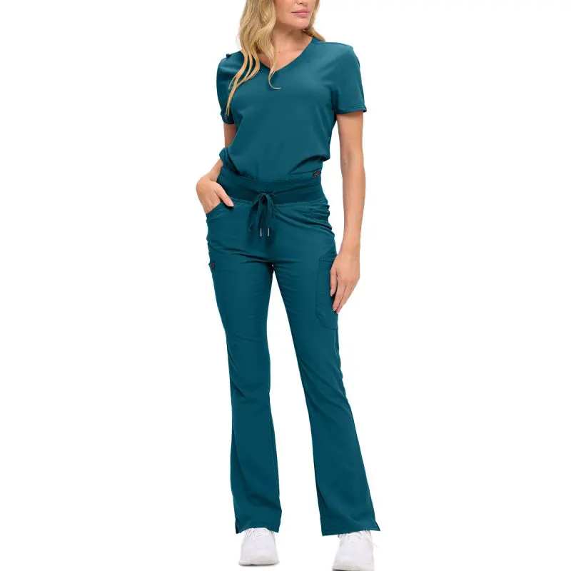 Wholesale women's teal scrub set with short-sleeve top, drawstring pants, and cargo pockets