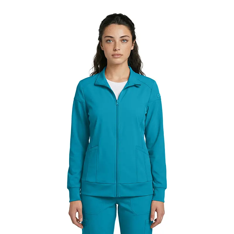 Wholesale women's teal zip-up jacket with ribbed cuffs and front pockets