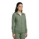 Wholesale women's sage green full-zip jacket with collar and side pockets over white tee