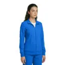 Wholesale women's blue zip-up jacket with collar and side pockets