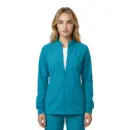 Wholesale women's teal zip-up jacket with long sleeves and ribbed cuffs over white shirt
