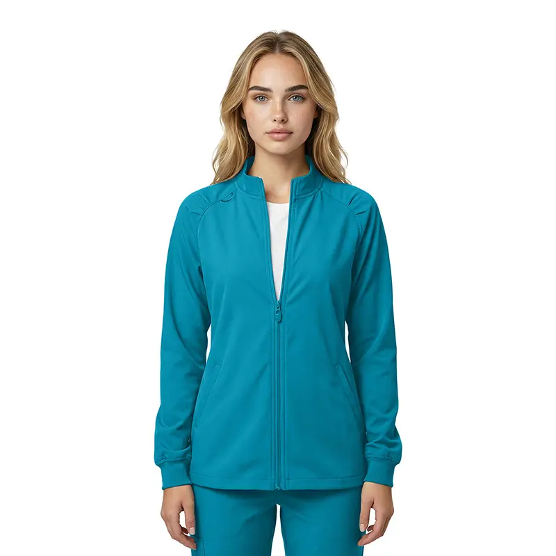 Wholesale women's teal zip-up jacket with long sleeves and ribbed cuffs over white shirt