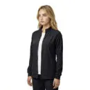 Wholesale women's black zip-up jacket with white interior shirt and ribbed cuffs