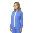 Wholesale women's blue full-zip jacket with white interior lining and ribbed cuffs