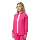 Wholesale women's pink zip-up jacket with white stripe and ribbed cuffs