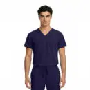 Wholesale men's navy blue v-neck scrub top with short sleeves and matching drawstring pants