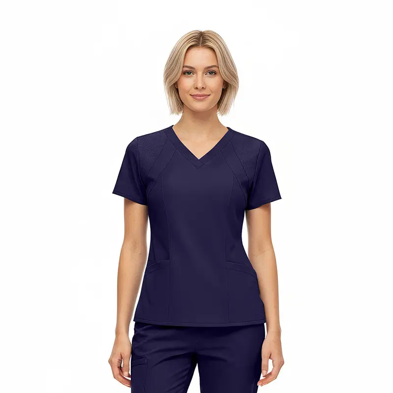 Wholesale women's navy v-neck scrub top with short sleeves and side pockets