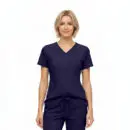 Wholesale women's navy blue v-neck scrub top with short sleeves and front pockets