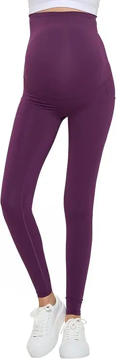 Wholesale women's maternity leggings in plum with high waistband and ankle cuffs