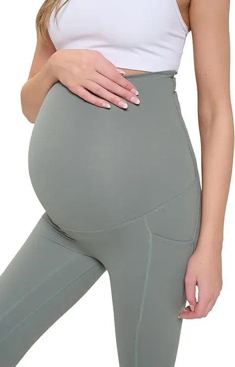 Wholesale maternity support leggings in sage green with high waistband and belly panel