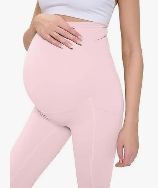 Wholesale maternity high-waist leggings in pink with belly support panel and side pockets