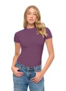 Wholesale women's purple short-sleeve crew neck t-shirt paired with blue denim jeans
