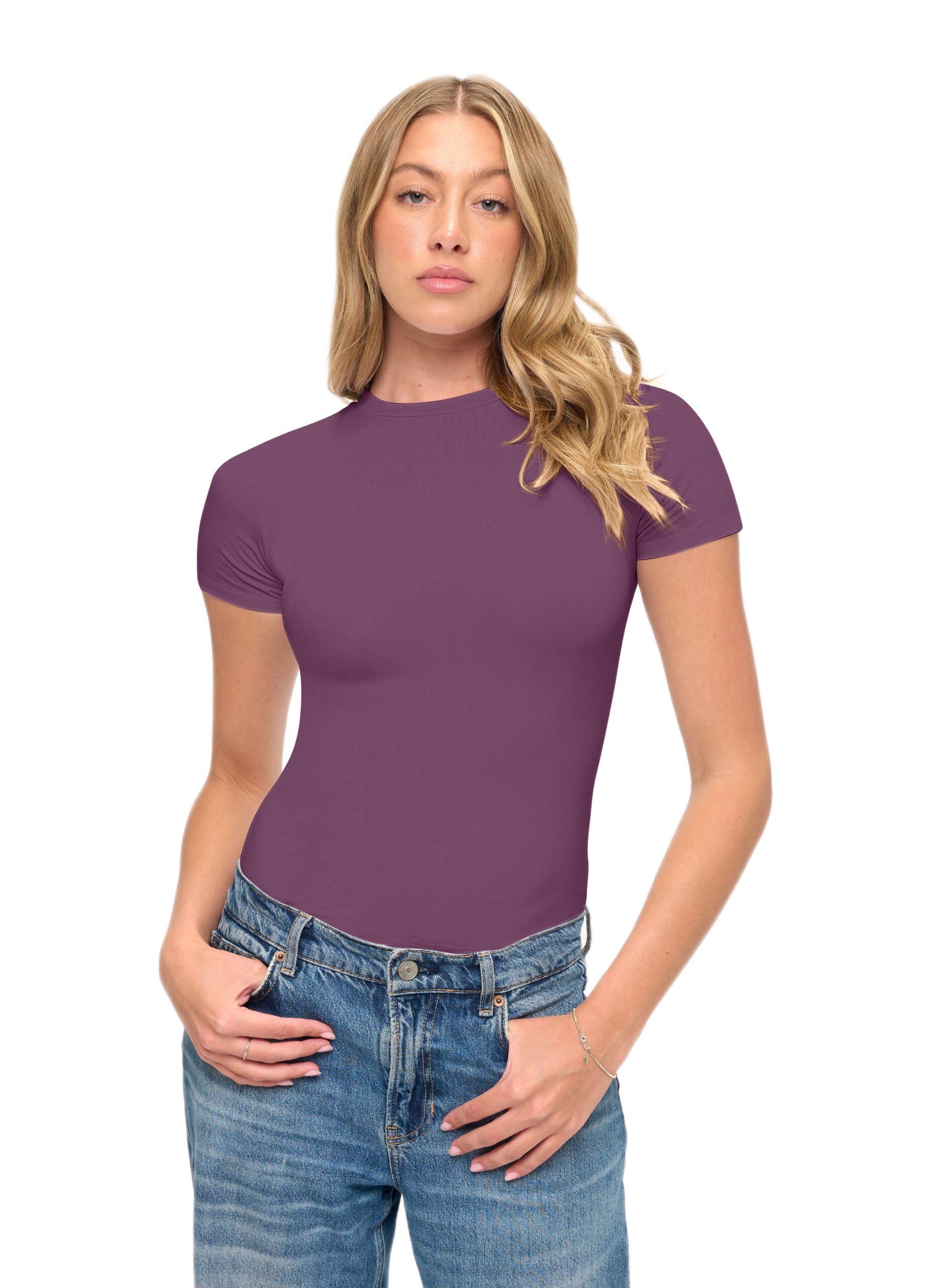 Wholesale women's purple short-sleeve crew neck t-shirt paired with blue denim jeans