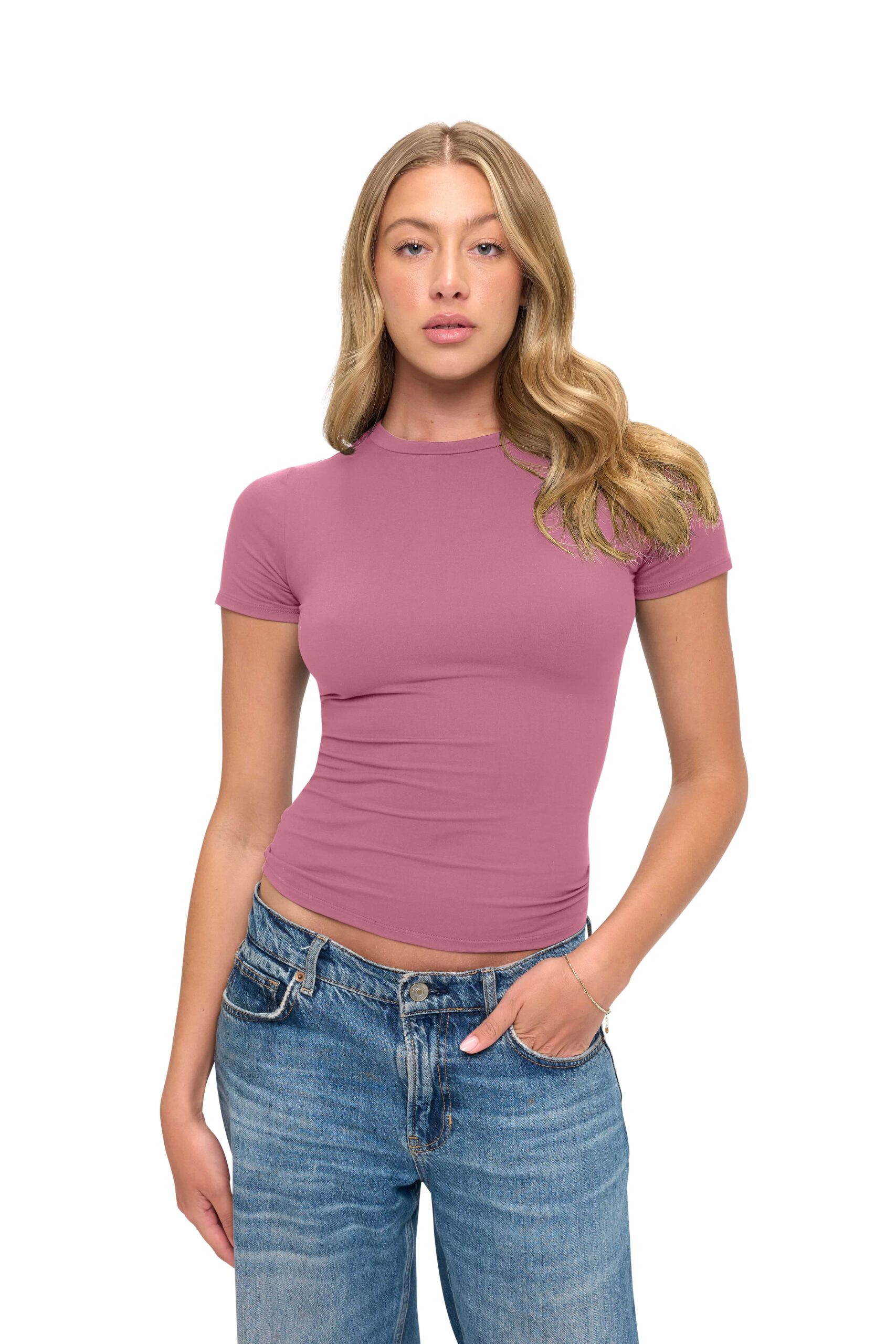 Wholesale women's mauve short-sleeve fitted crew neck t-shirt paired with blue denim jeans