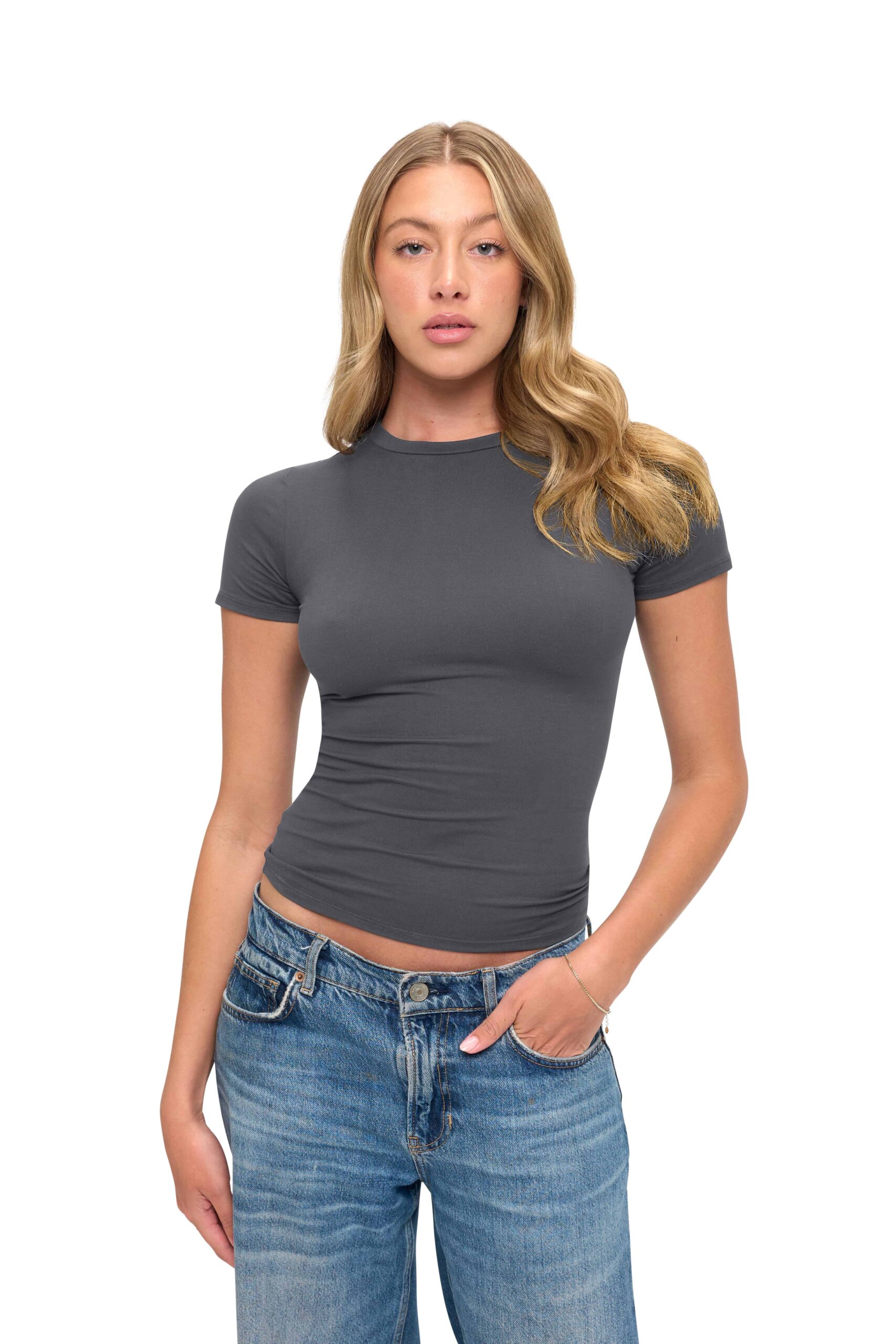 Wholesale women's charcoal gray short sleeve fitted crew neck t-shirt paired with blue denim jeans