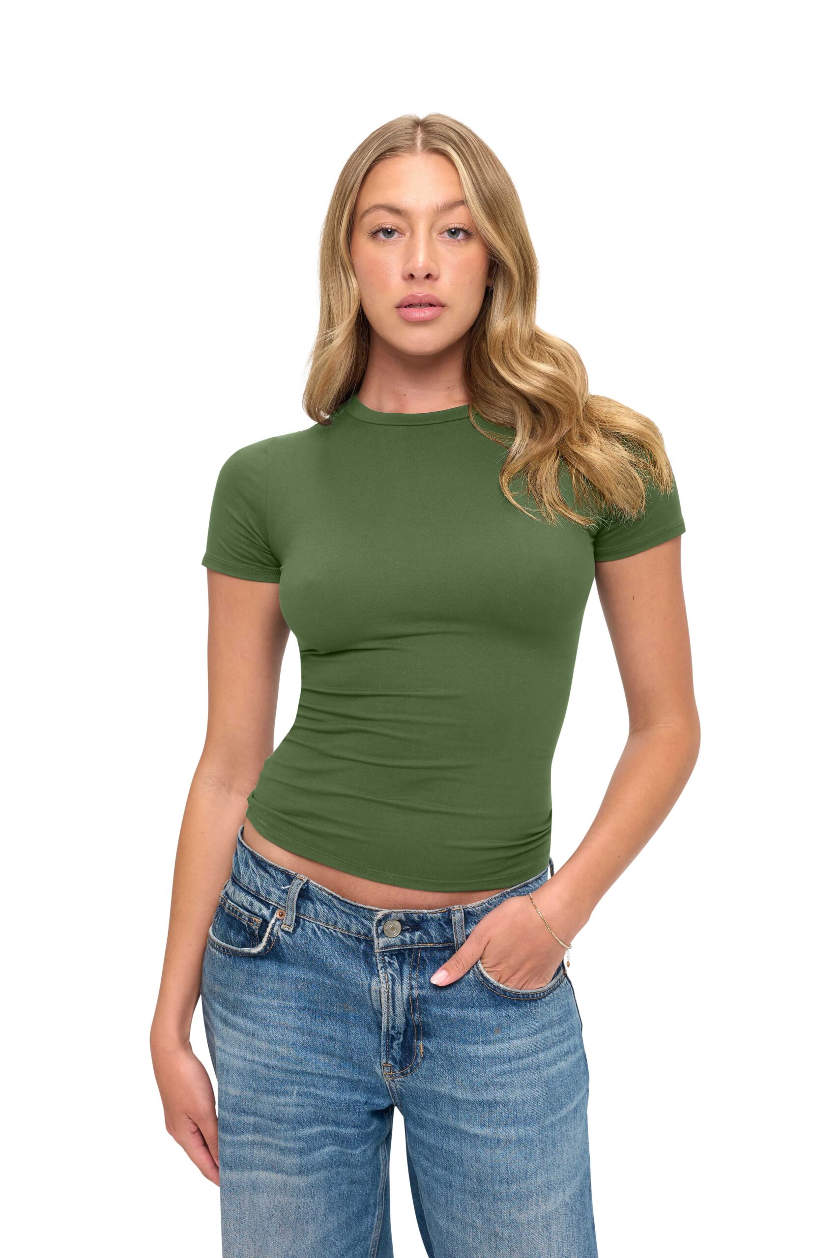 Wholesale women's short-sleeve crew neck fitted t-shirt in olive green with blue denim jeans
