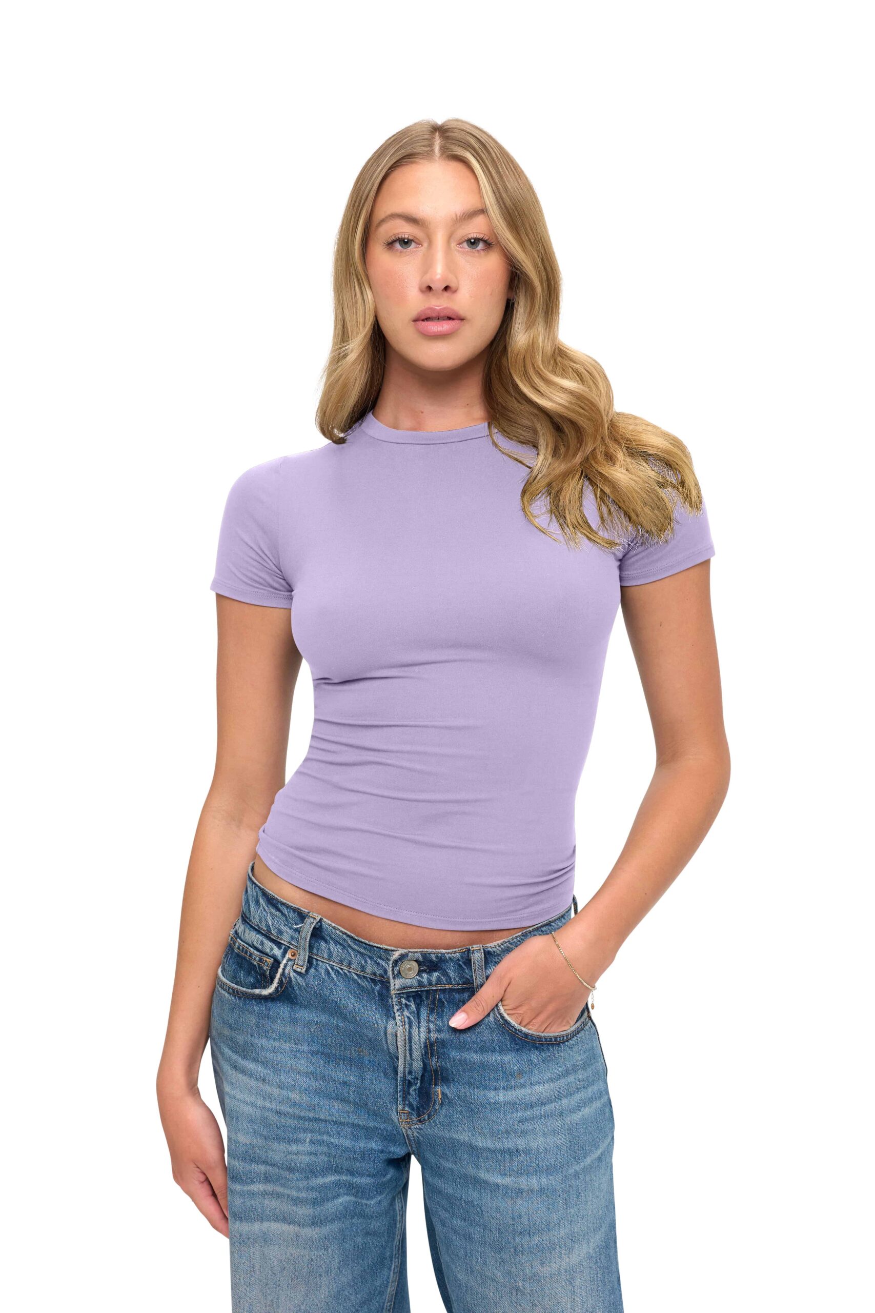 Wholesale women's lavender short sleeve fitted crew neck t-shirt paired with blue denim jeans