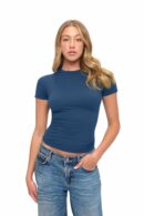 Wholesale women's navy short-sleeve fitted crew neck t-shirt paired with blue denim jeans